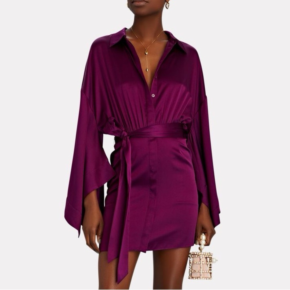 NWT Retrofete Silk Dress Scottie Mini Long Sleeve Deep Purple XS Belted New Cute